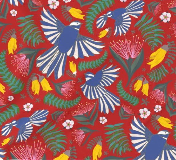 Fantail Dance, red, sample of fabric