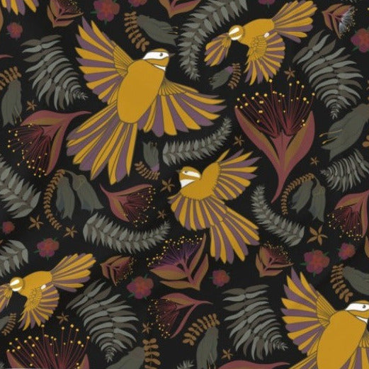 Fantail Dance on Midnight Black fabric sample