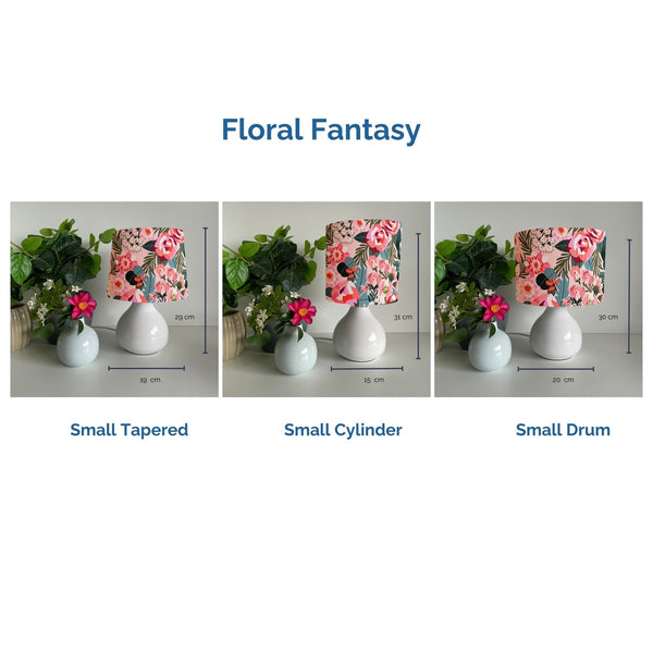 Floral fantasy lampshades on small white ceramic base by shades at grays