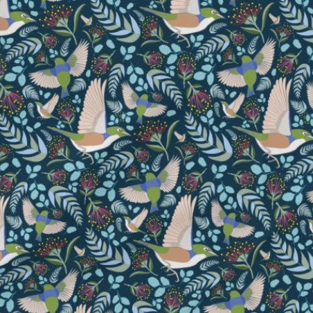 A repeating pattern of flying birds and leafy botanical motifs on a dark teal background, with birds in cream, green, blue, and brown tones.