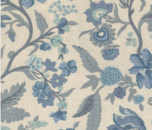 Close up of French General Parterre fabric in Pearl French Blue: soft French blue florals and grey-blue leaves on a pearl ground.