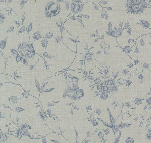 Close up of French General Pivoine fabric in Ciel Blue: finely engraved peonies and trailing stems in dusty blues on a soft blue-grey ground.