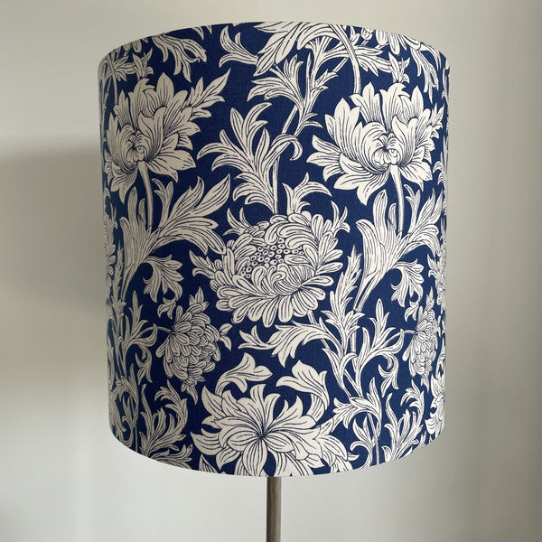 Handcrafted William Morris  blue chrysantemum fabric lampshade, 25 cm x 25cm cylinder, unlit, by shades at grays.