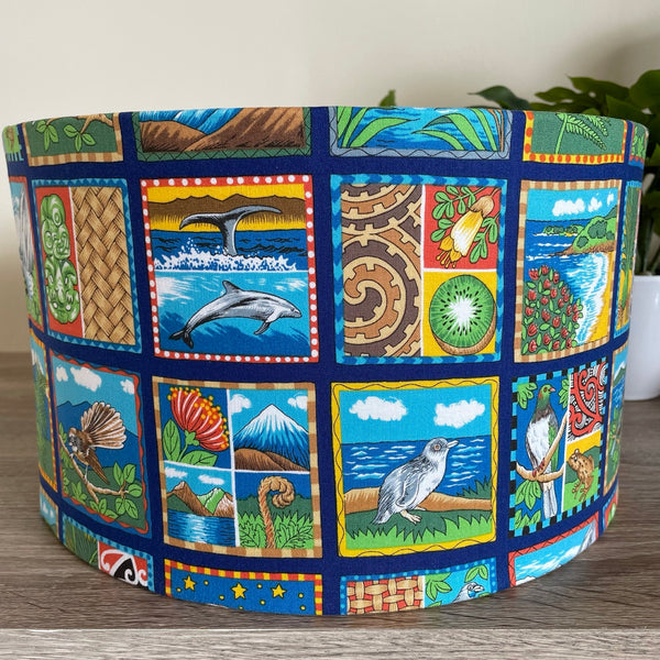 Handcrafted bespoke lamp shade with kiwiana medley fabric, medium barrel