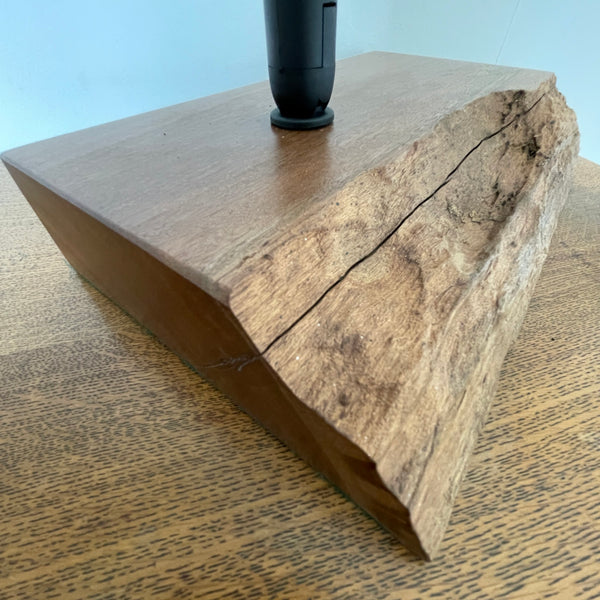 Handcrafted heritage lamp by shades at grays using a reclaimed jarrah beam close up of smooth end grain and front.