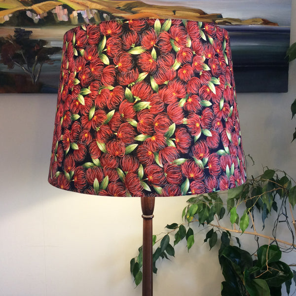 Handcrafted large tapered lamp shade with pohutukawa fabric, lit made by Shades at Grays.