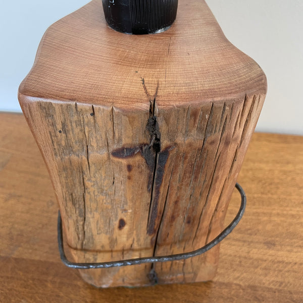 Heritage lamp handcrafted by shades at grays from old tōtara fence post with number 8 wire, smooth top and front view.