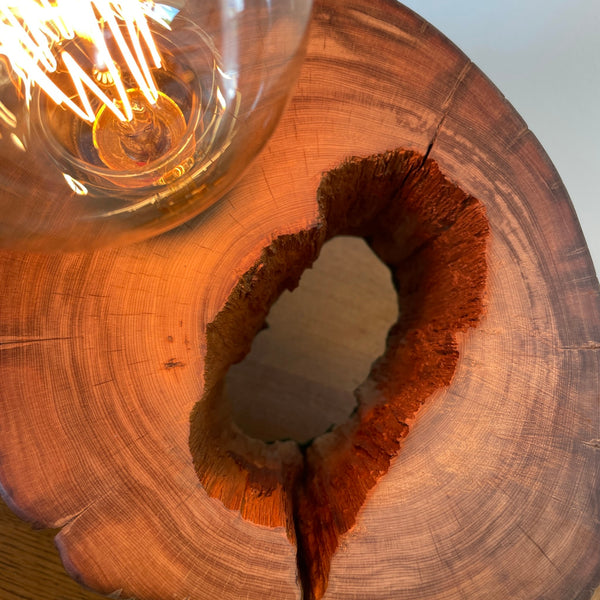 Heritage table lamp upcycled from large round Tōtara post, close up of eroded hollow centre and glow of edison lamp.