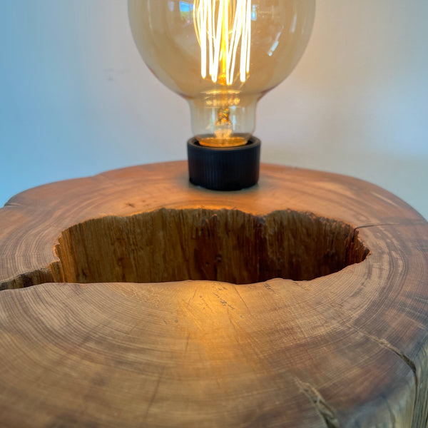 Heritage table lamp upcycled from large round hollowed out Tōtara post, close up of smooth top grain with hollow.