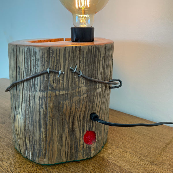 Heritage table lamp upcycled from large round hollowed out Tōtara post with No8 wire  and 2 original staples, back view, lit.