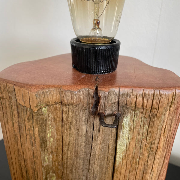 Original totara wood fence post table lamp, crafted by shades at grays, close up of grain and original staple.