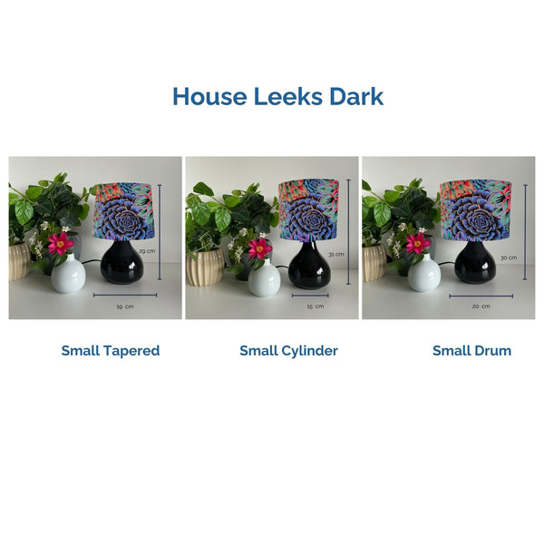 House leek dark fabric on 3 styles of lampshades on black ceramic base