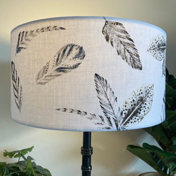 Large barrel handcrafted custom fabric lamp shade, lit