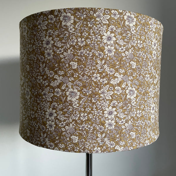 Dainty white flowers on sage background for drum style lamp shade made by shades at grays nz