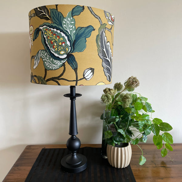 Shades at Grays Lampshades Mustard floral lampshade, large drum, unlit, handcrafted lighting made in new zealand.