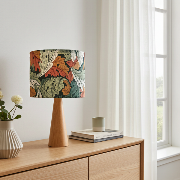 Table lamp with William Morris acanthus autumn fabric on a wooden base, on a wooden side table next to a window.