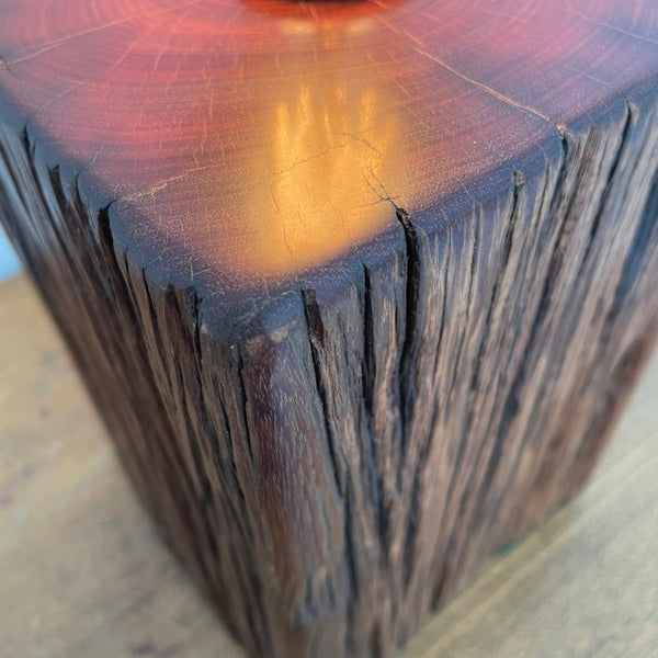 Jarrah wood table lamp handcrafted by shades at grays, close up of polished top and eroded grooves.