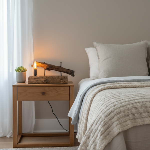 Jarrow wharf timber bedside-table lamp crafted by shades at grays, on bedside-table, lit.