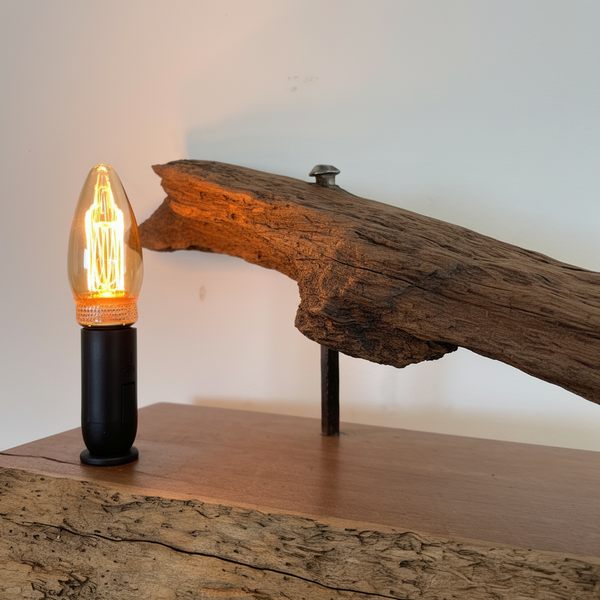 Jarrow wharf timber table lamp crafted by shades at grays, detail, close up.