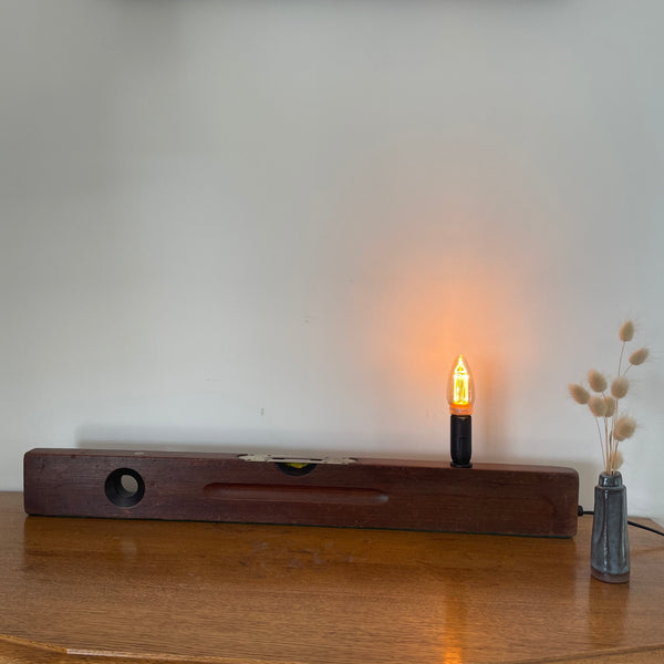 John Rabone and Sons 67 cm  No.101 Builder’s Level with added light bulb, lit, upcycled by shades at grays.