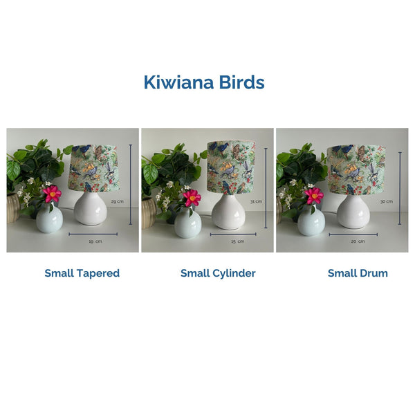 Kiwiana birds lampshades on small white ceramic base by shades at grays