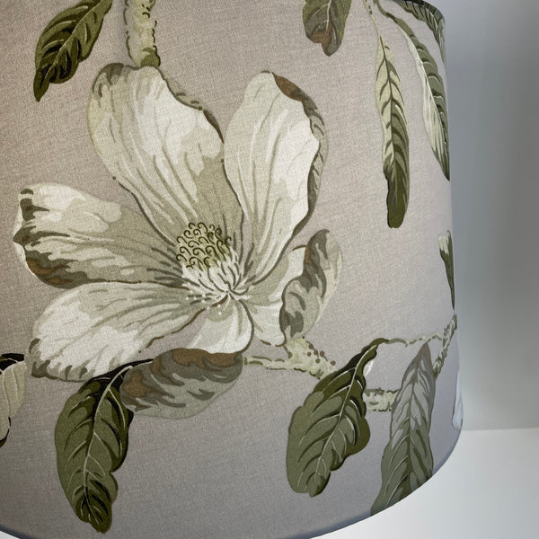 Large 'tapered 46' lampshade with white magnolia fabric, designer light shade, unlit, handcrafted by shades at grays, lit.