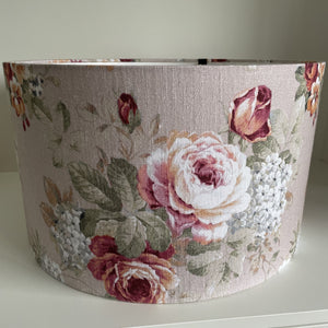 Large 45 cm barrel lampshade with vintage flower fabric, unlit, by shades at grays.