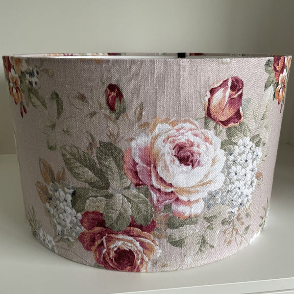 Large 45 cm barrel lampshade with vintage flower fabric, unlit, by shades at grays.