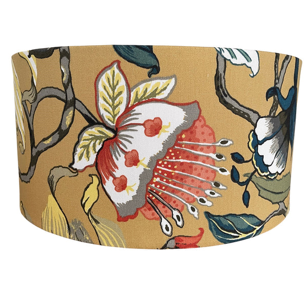 Large barrel lampshade with mustard floral fabric, centred on red flower 