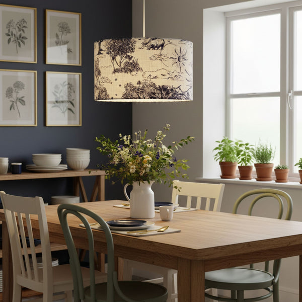 Large barrel ceiling lampshade with pastoral scene etched in ink blue on soft white textured background, lit, in dining room with wood tones.