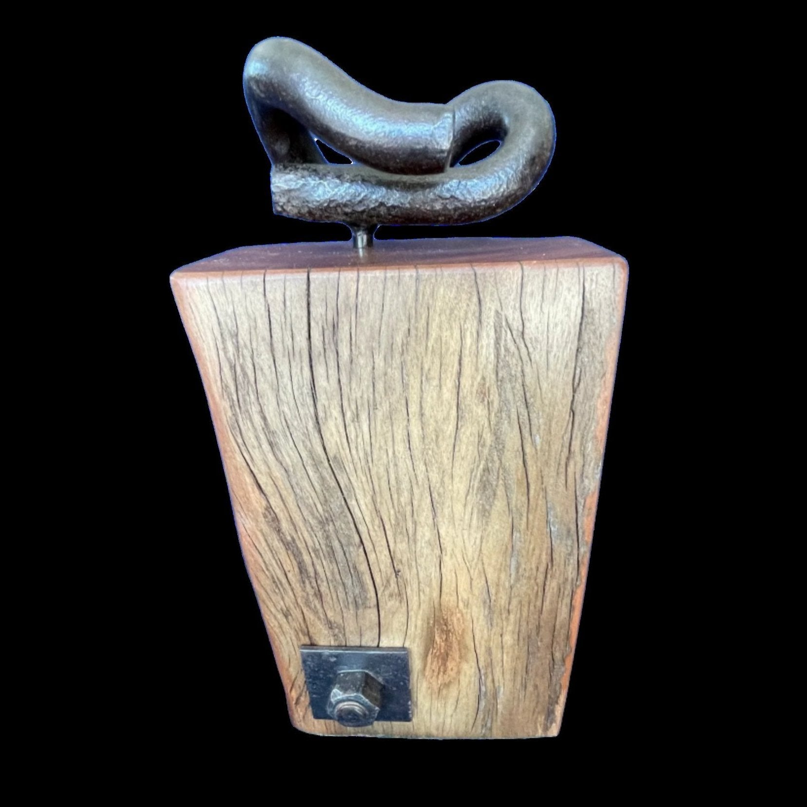 Large wood door stop, or art piece, from upcycled wharf timber with original bolt and additional railway iron, front view, handcrafted by shades at grays.