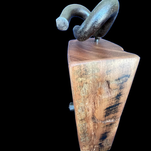 Large wood door stop, or art piece, from upcycled wharf timber with original bolt and additional railway iron, side view, handcrafted by shades at grays.
