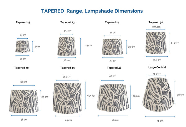 Range of tapered light shades with dimensions with ihi fabric Pukepoto, nz made.