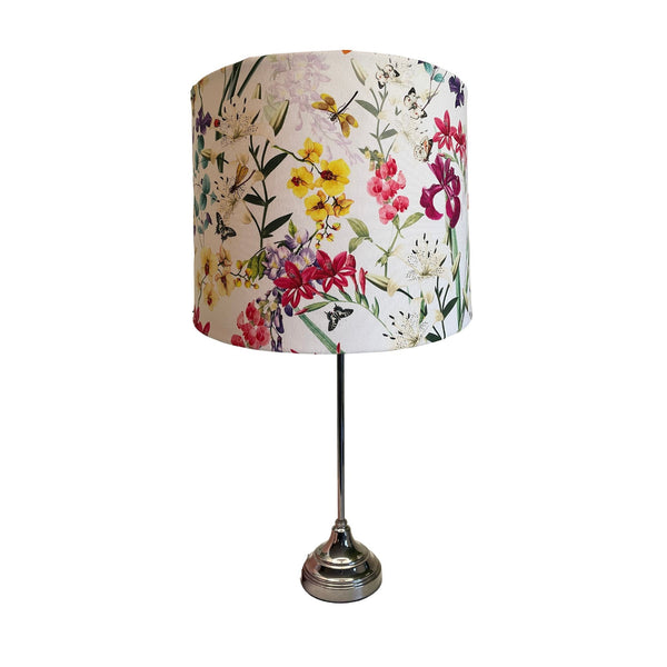 Large drum bespoke fabric lamp shade, made in nz by shades at grays on silver base.