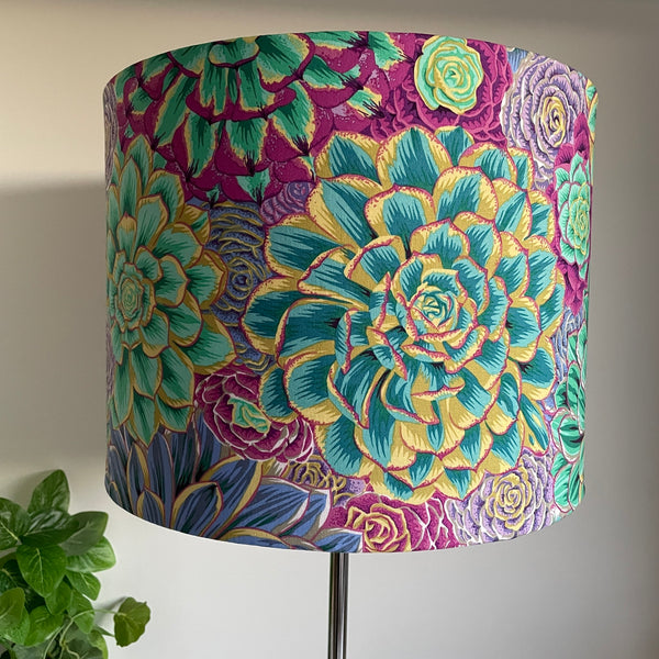 Large drum bespoke lamp shade made in nz by shades at grays using Kaffe Fassett House Leeks fabric grey, unlit.