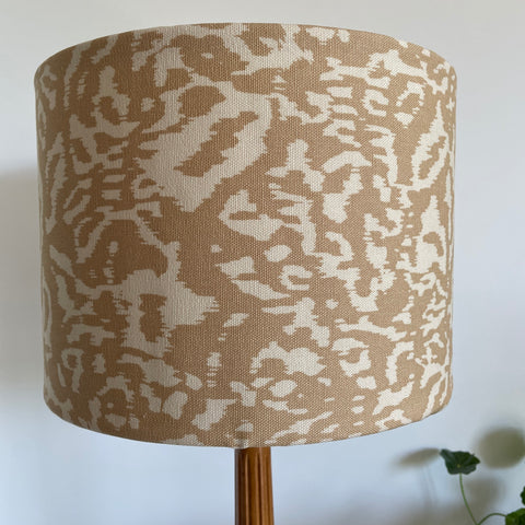 Large drum hand crafted lamp shade, golden leopard mini fabric, made by shades at grays, new zealand