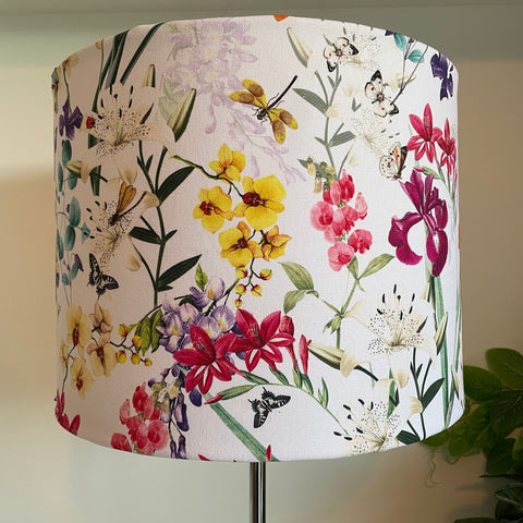 Large drum handcrafted fabric lamp shade made in nz by shades at grays using spring orchids fabric, unlit.