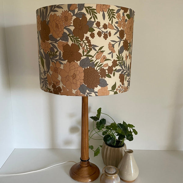 Large drum lamp shade made in nz by shades at grays, mid century brown floral print, unlit.