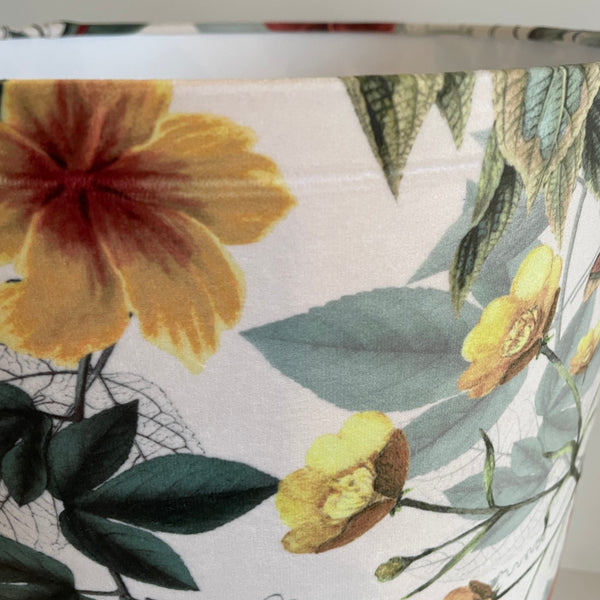 Large drum lampshade with velvet bouquet fabric, crease damage.