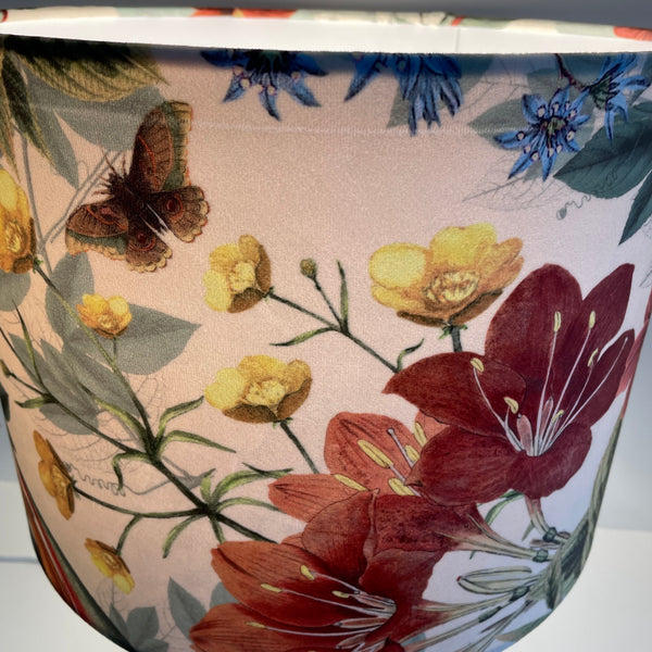 Large drum lampshade with velvet bouquet fabric, lit, crease damage