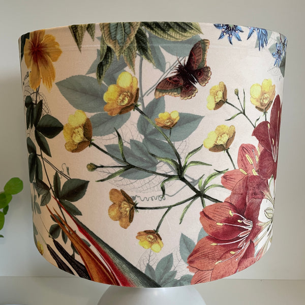 Large drum lampshade with velvet bouquet fabric, long view, unlit.