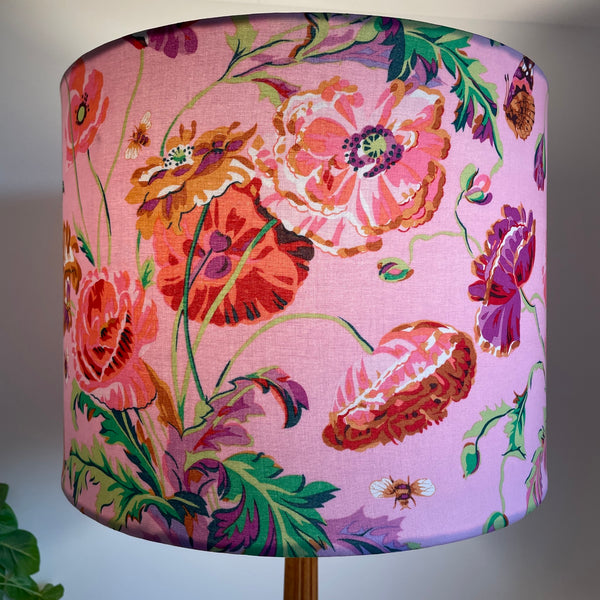 Drum light shade with Kaffe Fassett meadow pastel fabric, lit, by shades at grays, nz.