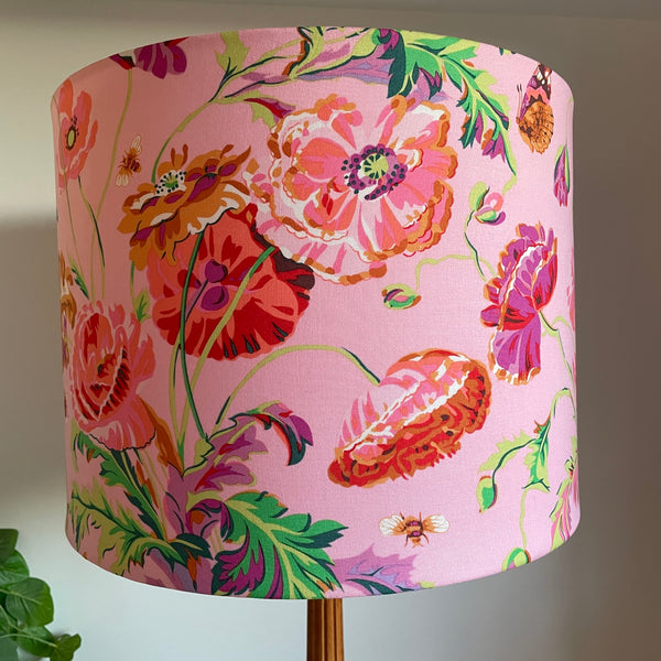 Pink and red blooms on pastel pink background, bespoke lampshade with Kaffe Fassett Meadow Pastel fabric.