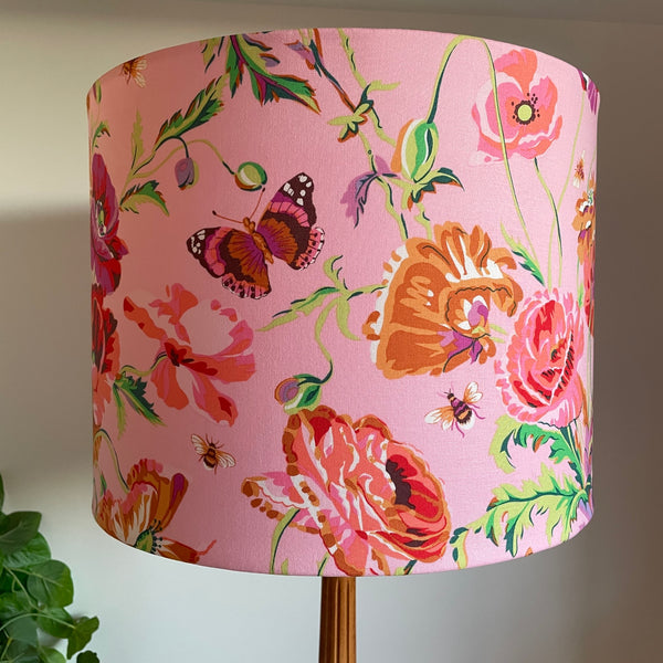 Large drum light shade with Kaffe Fassett meadow pastel fabric, unlit, by shades at grays, nz.
