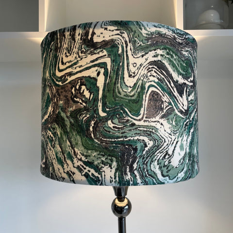 Large drum style lampshade with greywacke fabric, lit, handcrafted by shades at grays, nz.