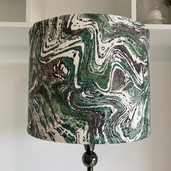 Large drum style lampshade with greywacke fabric, unlit, handcrafted by shades at grays, nz.