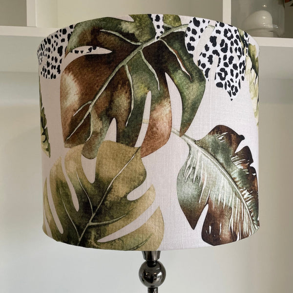 Large drum style light shade with jungle chic fabric made by shades at grays nz