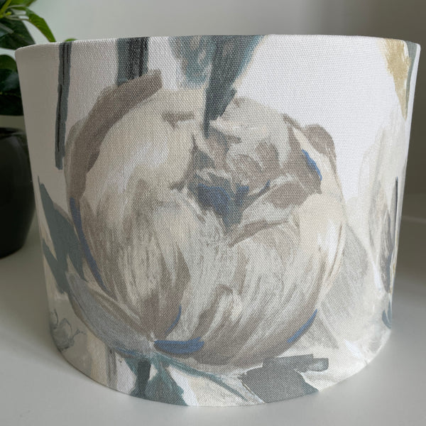 Large bud on hand crafted fabric lamp shade by shades at grays.