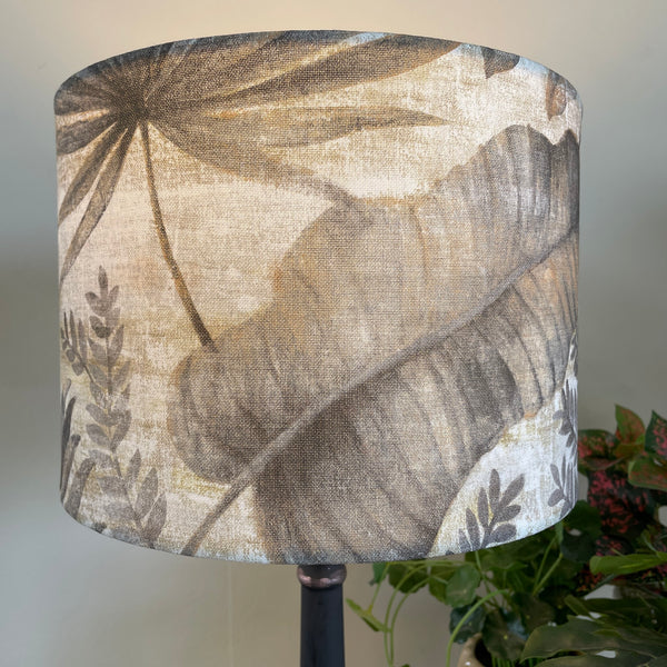 Medium drum fabric lamp shade, lit, handcrafted by shades at grays, new zealand