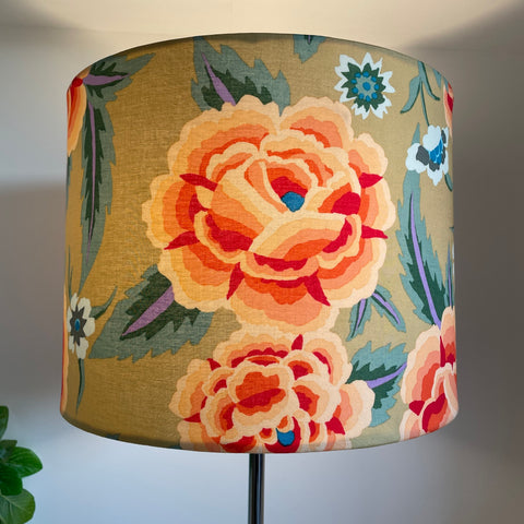 Large tapered lampshade with Kaffe Fassett fabric, lit, by shades at grays, nz.
